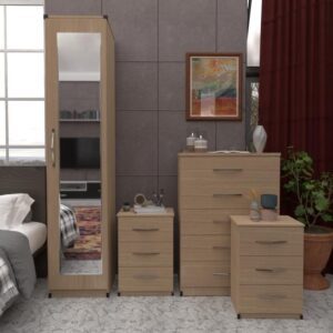 Oak 1 Door Mirrored Wardrobe Set With Chest Drawers and Bedsides