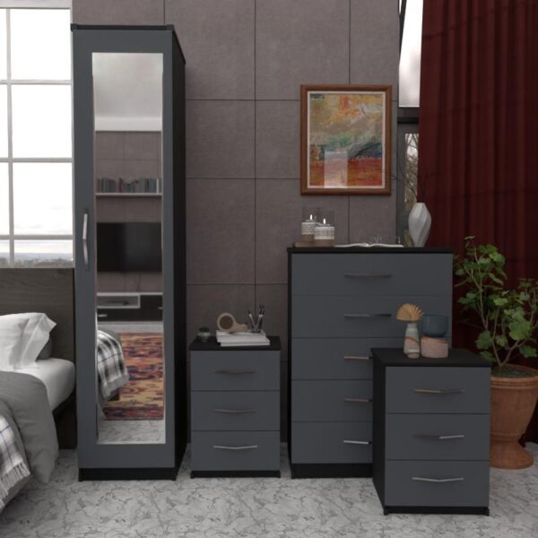 Front Gray Side Black 1 Door Mirrored Wardrobe Set With Chest Drawers and Bedsides