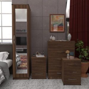 Walnut 1 Door Mirrored Wardrobe Set With Chest Drawers and Bedsides