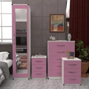 Front Pink Side White 1 Door Mirrored Wardrobe Set With Chest Drawers and Bedsides