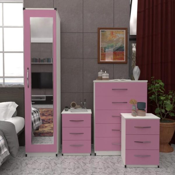 Front Pink Side White 1 Door Mirrored Wardrobe Set With Chest Drawers and Bedsides