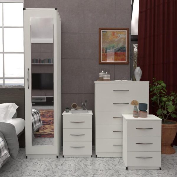 White 1 Door Mirrored Wardrobe Set With Chest Drawers and Bedsides