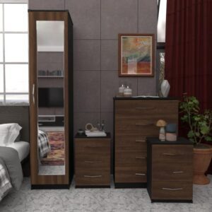 Front Walnut Side Black 1 Door Mirrored Wardrobe Set With Chest Drawers and Bedsides