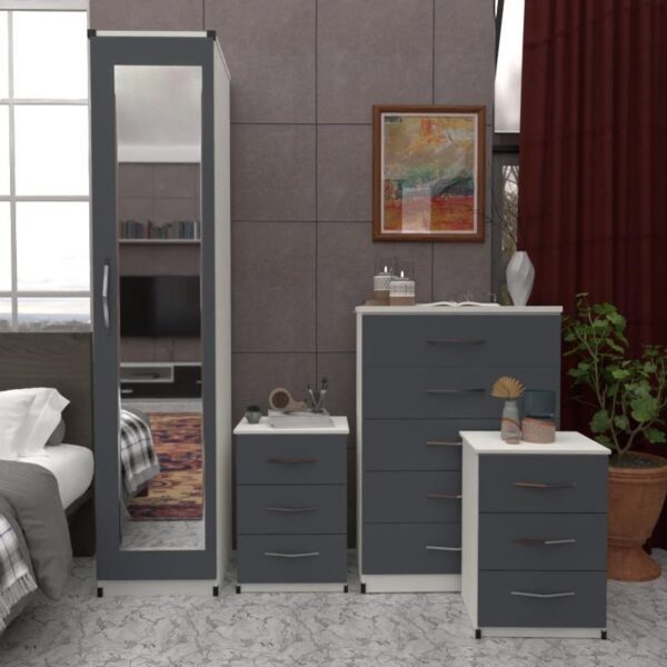 Front Gray Side White 1 Door Mirrored Wardrobe Set With Chest Drawers and Bedsides