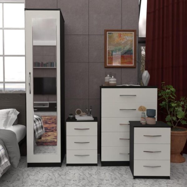 Front White Side Black 1 Door Mirrored Wardrobe Set With Chest Drawers and Bedsides