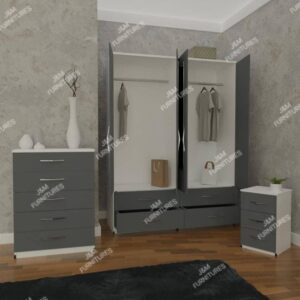 Front Gray Side White 4 Door Wardrobe Set