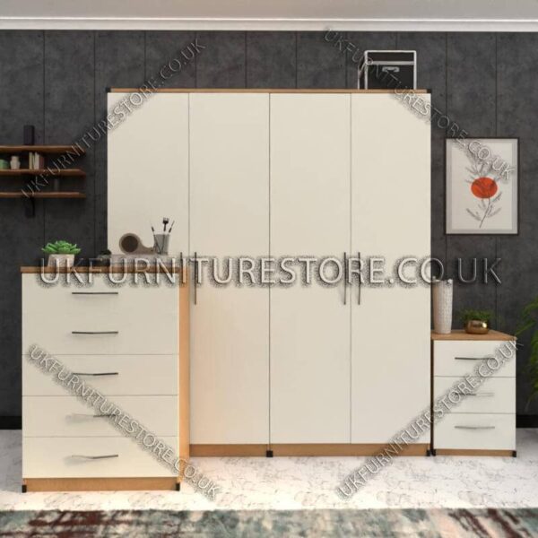 Front White Side Oak 4 Door Wardrobe Set With Drawers