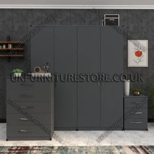 Gray 4 Door Wardrobe Set With Drawers