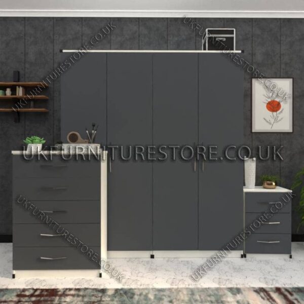 Front Gray Side White 4 Door Wardrobe Set With Drawers
