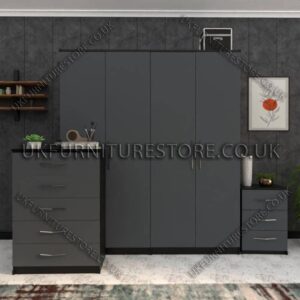 Front Gray Side Black 4 Door Wardrobe Set With Drawers