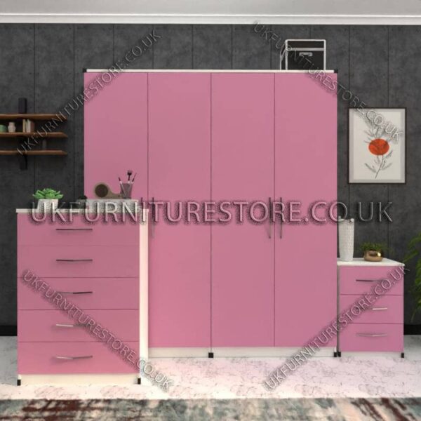 Front Pink Side White 4 Door Wardrobe Set With Drawers