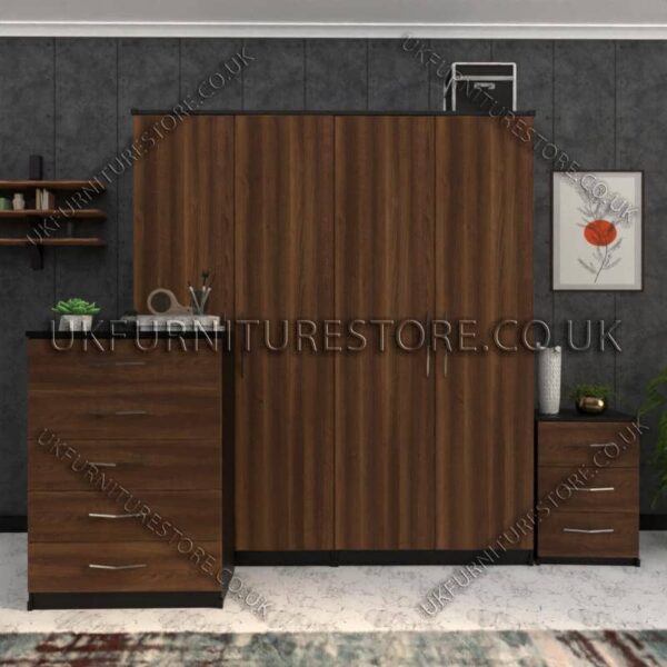 Front Walnut Side Black 4 Door Wardrobe Set With Drawers