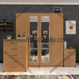 Beech 4 Door Wardrobe Set With 2 Mirrors and Drawers