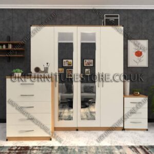 Front White Side Oak 4 Door Wardrobe Set With 2 Mirrors and Drawers
