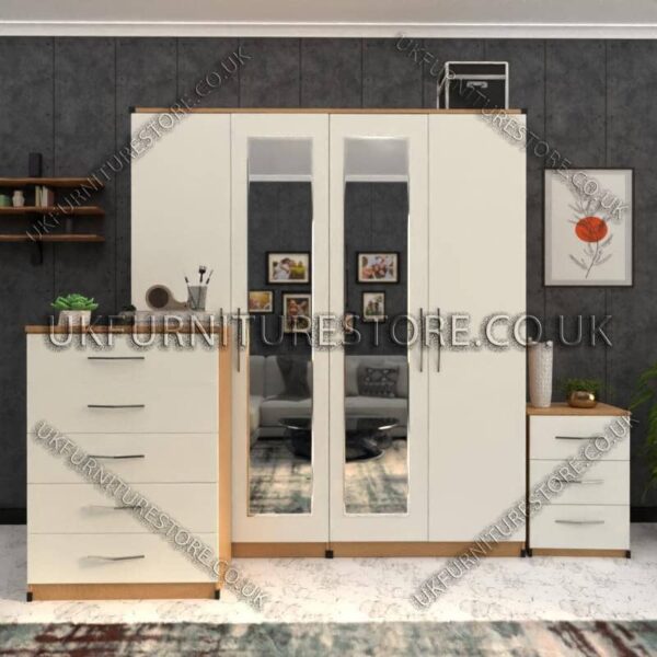 Front White Side Oak 4 Door Wardrobe Set With 2 Mirrors and Drawers
