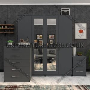 Gray 4 Door Wardrobe Set With 2 Mirrors and Drawers