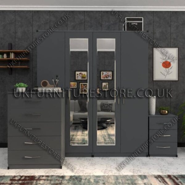 Gray 4 Door Wardrobe Set With 2 Mirrors and Drawers