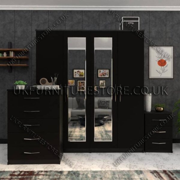 Black 4 Door Wardrobe Set With 2 Mirrors and Drawers