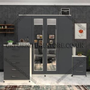 Front Gray Side White 4 Door Wardrobe Set With 2 Mirrors and Drawers
