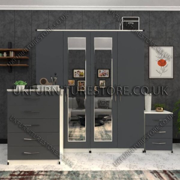 Front Gray Side White 4 Door Wardrobe Set With 2 Mirrors and Drawers