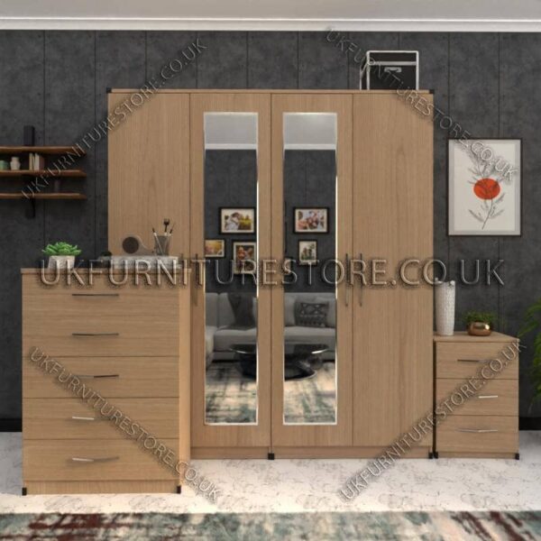 Oak 4 Door Wardrobe Set With 2 Mirrors and Drawers