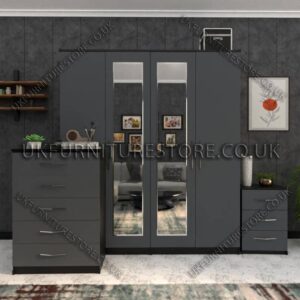 Front Gray Side Black 4 Door Wardrobe Set With 2 Mirrors and Drawers