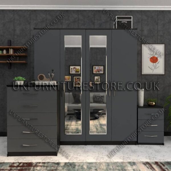 Front Gray Side Black 4 Door Wardrobe Set With 2 Mirrors and Drawers