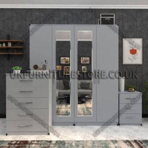Silver 4 Door Wardrobe Set With 2 Mirrors and Drawers