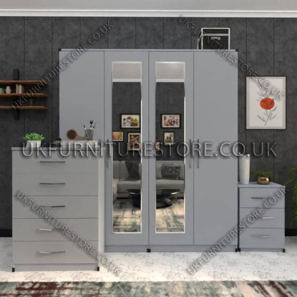 Silver 4 Door Wardrobe Set With 2 Mirrors and Drawers