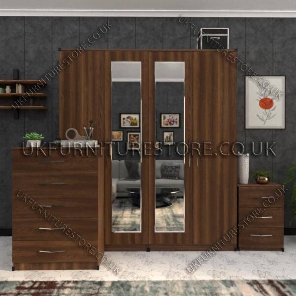 Walnut 4 Door Wardrobe Set With 2 Mirrors and Drawers