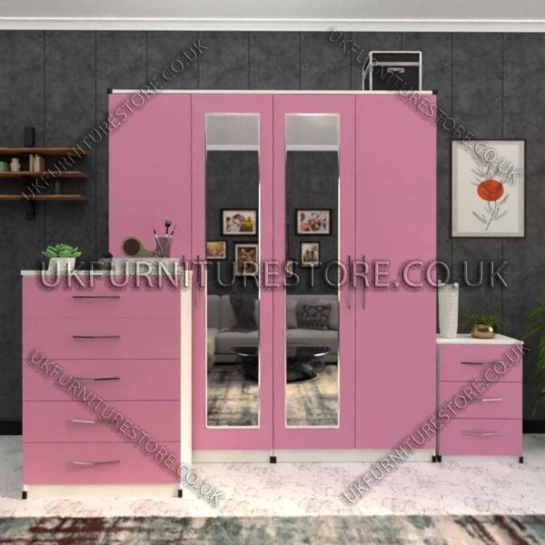 Front Pink Side White 4 Door Wardrobe Set With 2 Mirrors and Drawers