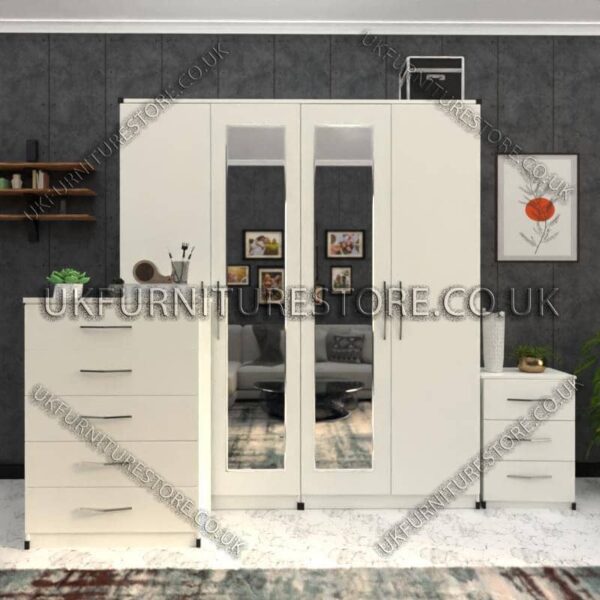 White 4 Door Wardrobe Set With 2 Mirrors and Drawers