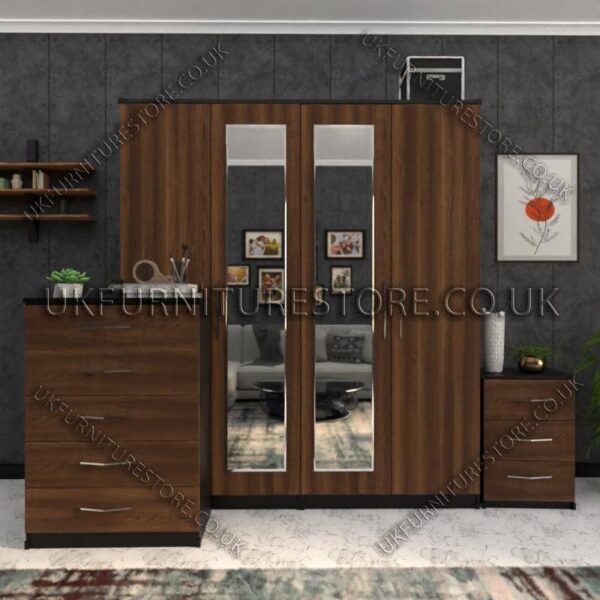 Front Walnut Side Black 4 Door Wardrobe Set With 2 Mirrors and Drawers