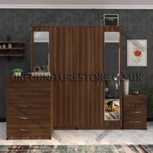 Walnut 4 Door Wardrobe Set With 2 Mirrors and Drawer