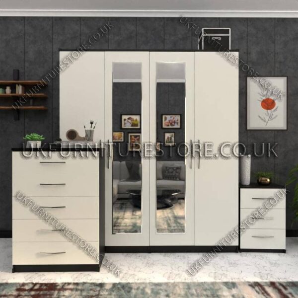Front White Side Black 4 Door Wardrobe Set With 2 Mirrors and Drawers