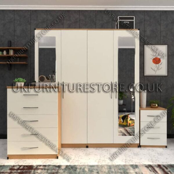 Front White Side Oak 4 Door Wardrobe Set With 2 Mirrors and Drawer