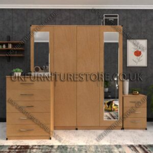 Beech 4 Door Wardrobe Set With 2 Mirrors and Drawer
