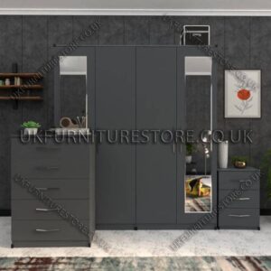Gray 4 Door Wardrobe Set With 2 Mirrors and Drawer