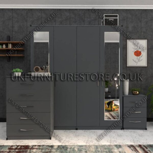 Gray 4 Door Wardrobe Set With 2 Mirrors and Drawer