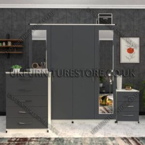 Front Gray Side White 4 Door Wardrobe Set With 2 Mirrors and Drawer