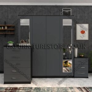 Front Gray Side Black 4 Door Wardrobe Set With 2 Mirrors and Drawer