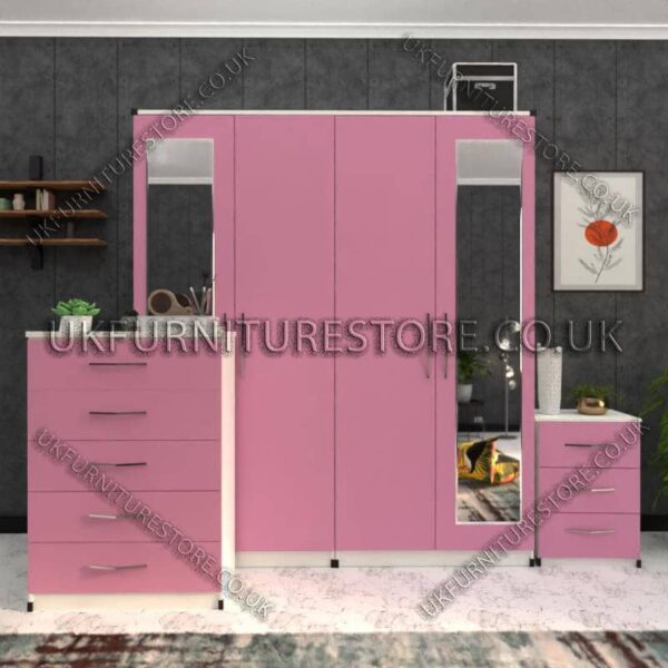 Front Pink Side White 4 Door Wardrobe Set With 2 Mirrors and Drawer