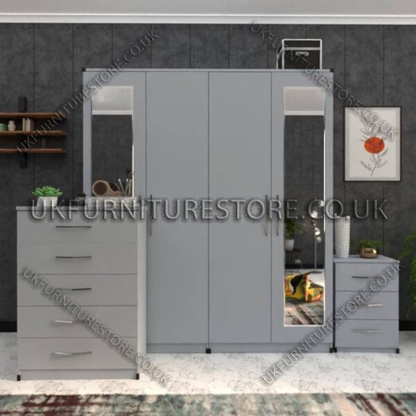 Silver 4 Door Wardrobe Set With 2 Mirrors and Drawer