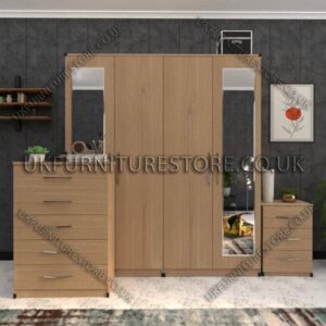 Oak 4 Door Wardrobe Set With 2 Mirrors and Drawer