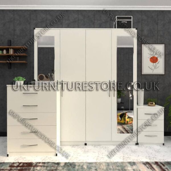 White 4 Door Wardrobe Set With 2 Mirrors and Drawer