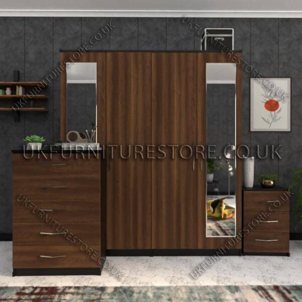 Front Walnut Side Black 4 Door Wardrobe Set With 2 Mirrors and Drawer
