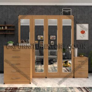 Beech 4 Door Wardrobe Set With 4 Mirrors and Drawer