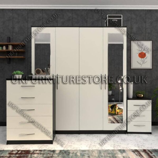 Front White Side Black 4 Door Wardrobe Set With 2 Mirrors and Drawer