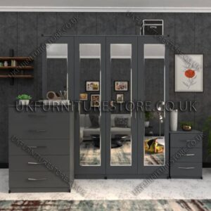 Gray 4 Door Wardrobe Set With 4 Mirrors and Drawer