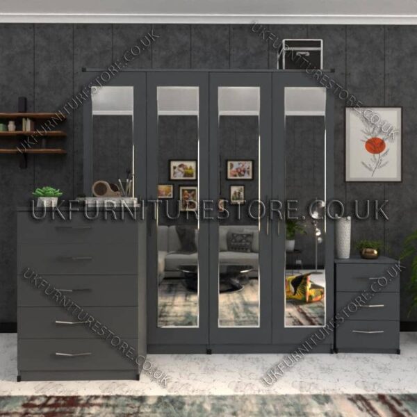 Gray 4 Door Wardrobe Set With 4 Mirrors and Drawer